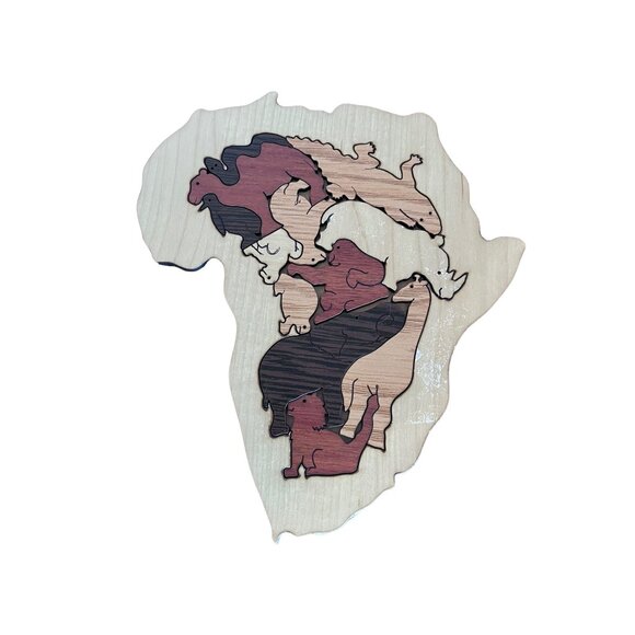 Small 12 Piece Wooden Puzzle Of Africa With Animal Shaped Pieces, 7" X 8" - Picture 2 of 4